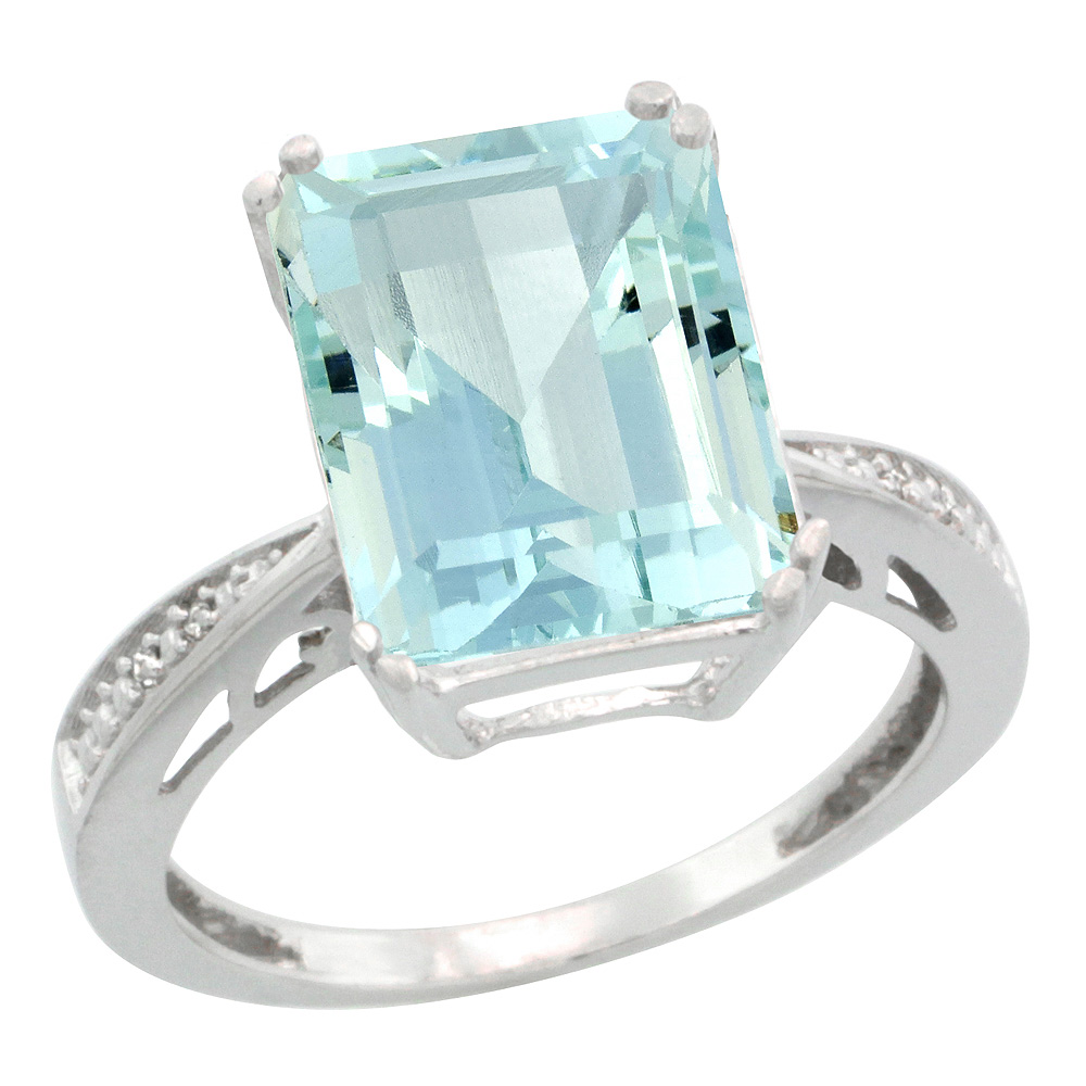 Sterling Silver Diamond Natural Aquamarine Ring Emerald-cut 12x10mm, 1/2 inch wide, sizes 5-10