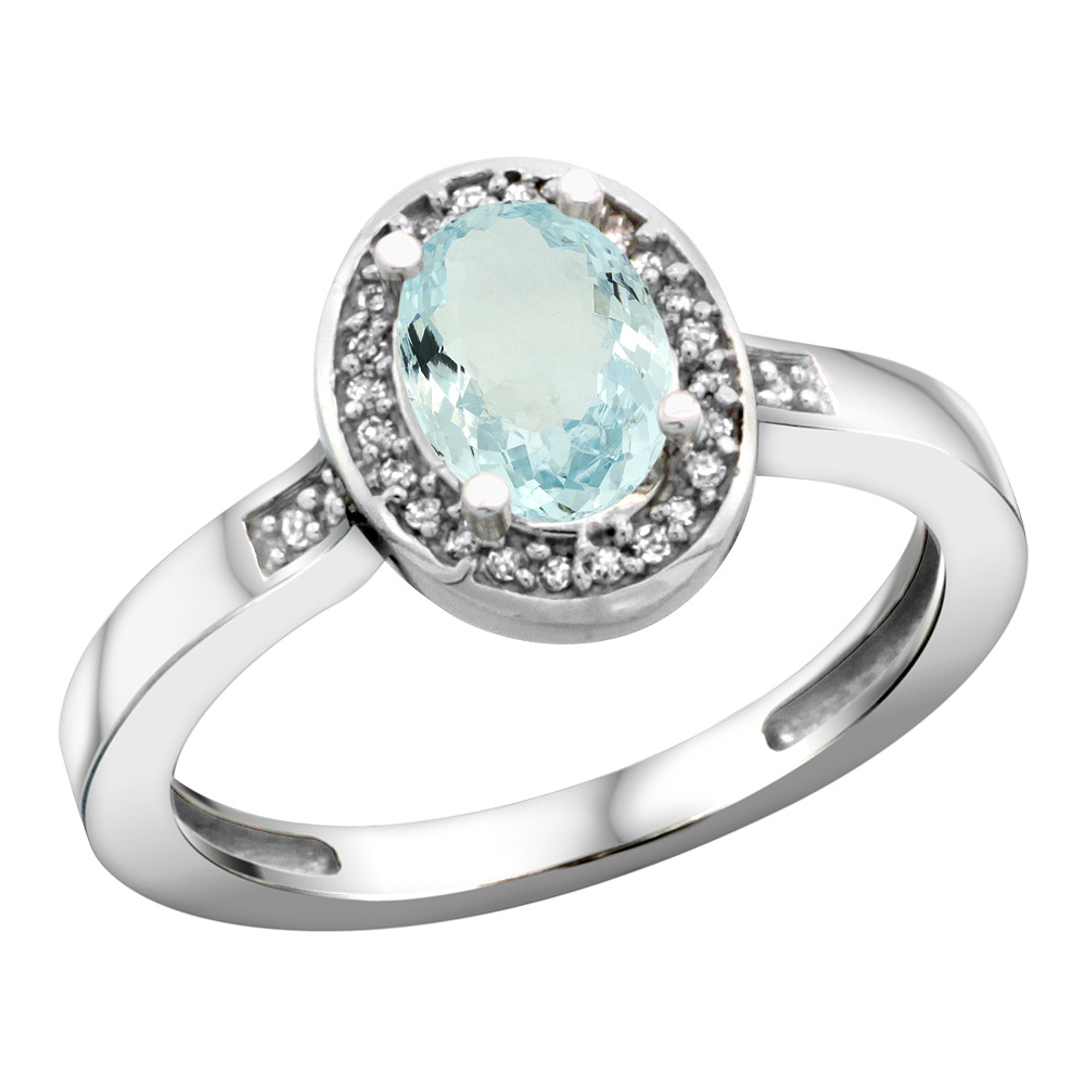Sterling Silver Diamond Natural Aquamarine Ring Oval 7x5mm, 1/2 inch wide, sizes 5-10