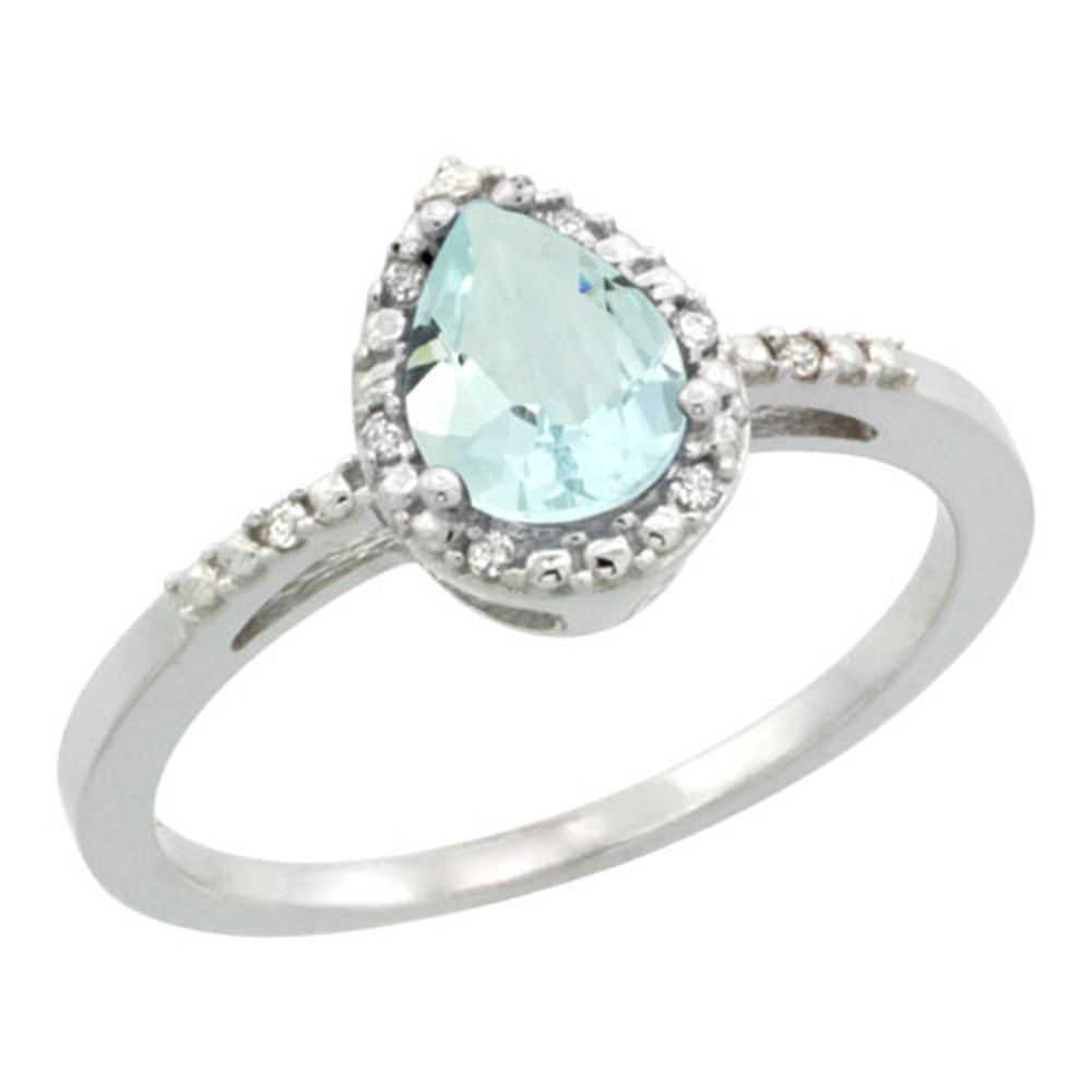 Sterling Silver Diamond Natural Aquamarine Ring Pear 7x5mm, 3/8 inch wide, sizes 5-10