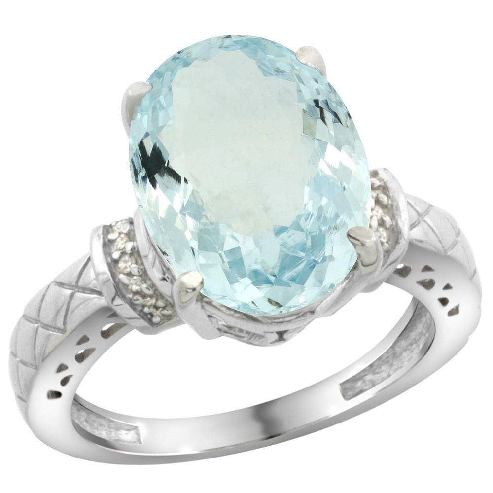 Sterling Silver Diamond Natural Aquamarine Ring Oval 14x10mm, sizes 5-10