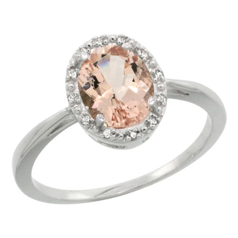 Sterling Silver Natural Morganite Diamond Halo Ring Oval 8X6mm, 1/2 inch wide, sizes 5-10