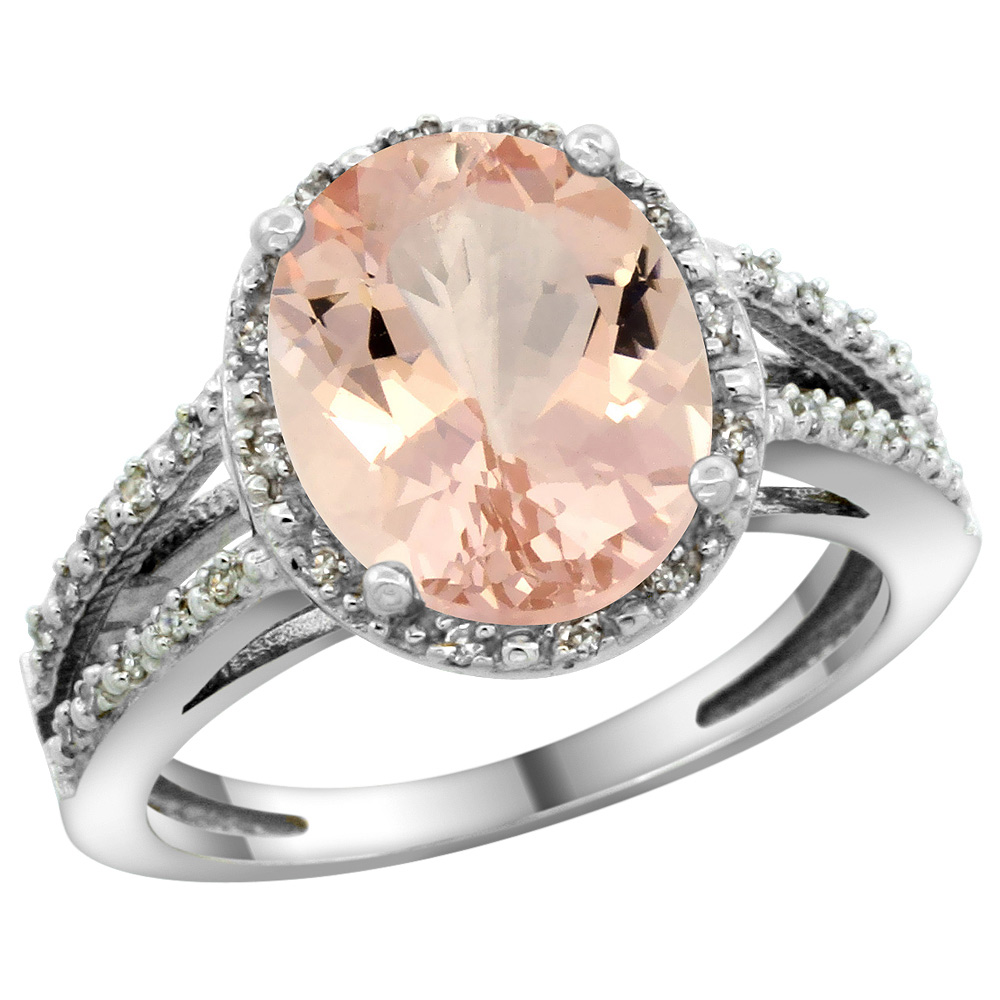 Sterling Silver Diamond Halo Natural Morganite Ring Oval 11x9mm, 7/16 inch wide, sizes 5-10