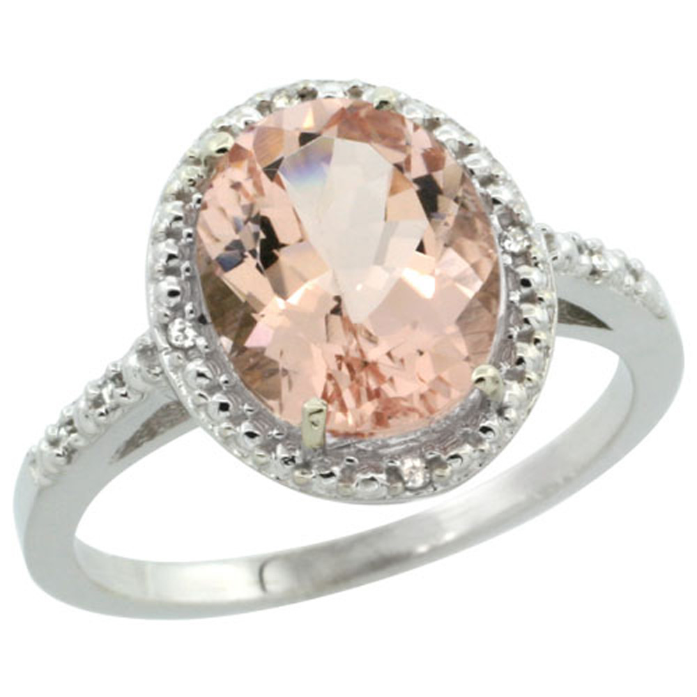 Sterling Silver Diamond Natural Morganite Ring Oval 10x8mm, 1/2 inch wide, sizes 5-10