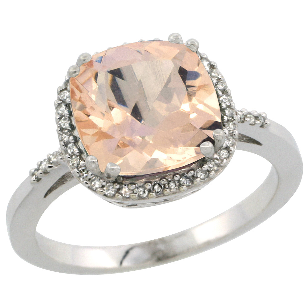Sterling Silver Diamond Natural Morganite Ring Cushion-cut 9x9mm, 1/2 inch wide, sizes 5-10