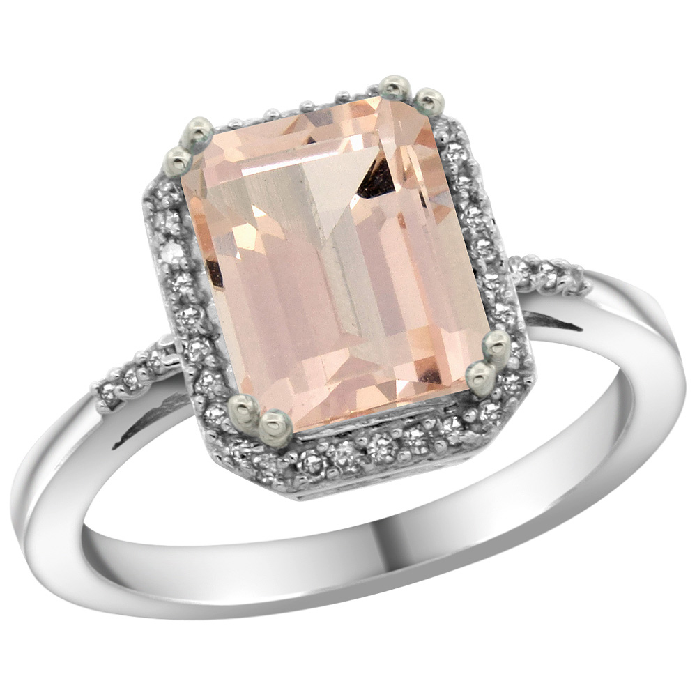 Sterling Silver Diamond Natural Morganite Ring Emerald-cut 9x7mm, 1/2 inch wide, sizes 5-10