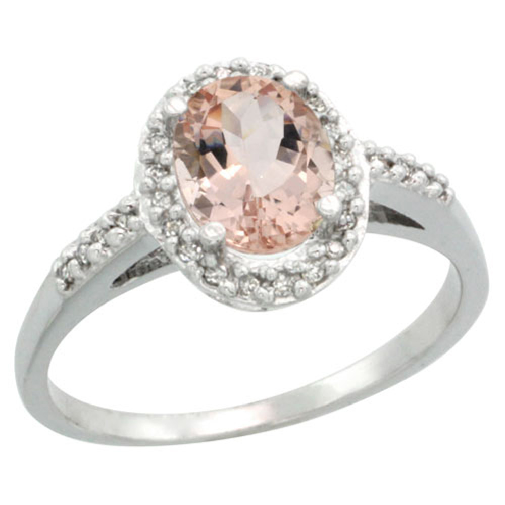 Sterling Silver Diamond Natural Morganite Ring Oval 8x6mm, 3/8 inch wide, sizes 5-10