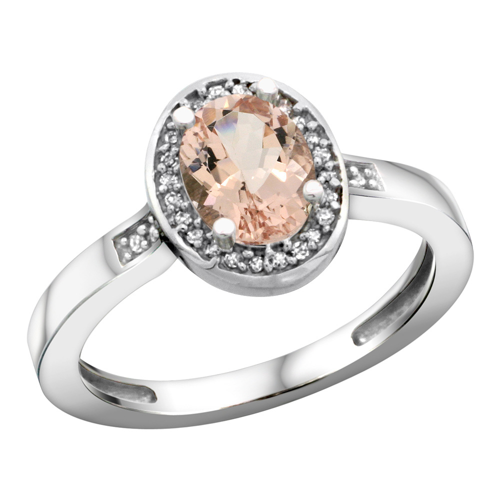 Sterling Silver Diamond Natural Morganite Ring Oval 7x5mm, 1/2 inch wide, sizes 5-10