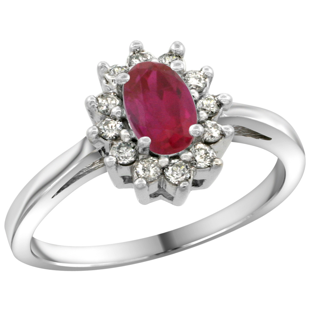 Sterling Silver Natural Enhanced Ruby Diamond Flower Halo Ring Oval 6X4mm, 3/8 inch wide, sizes 5 10