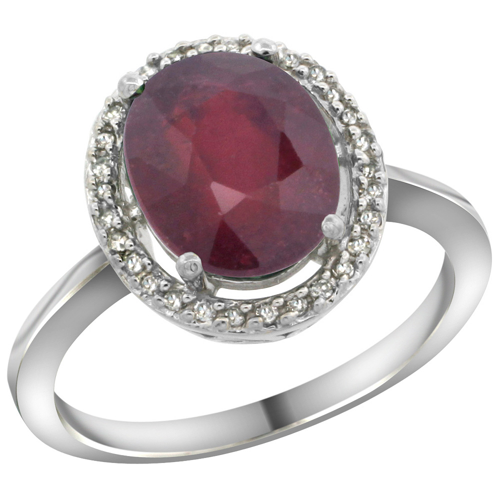 Sterling Silver Diamond Halo Natural Enhanced Ruby Ring Oval 10X8 mm, 1/2 inch wide, sizes 5-10