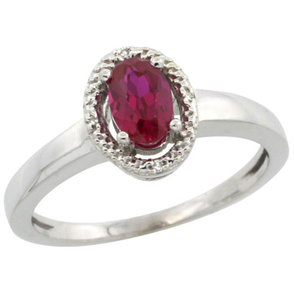 Sterling Silver Diamond Halo Natural Enhanced Ruby Ring Oval 6X4 mm, 3/8 inch wide, sizes 5-10