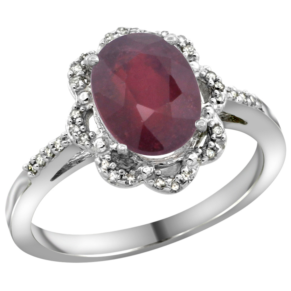 Sterling Silver Diamond Halo Natural Enhanced Ruby Ring Oval 9x7mm, 7/16 inch wide, sizes 5-10