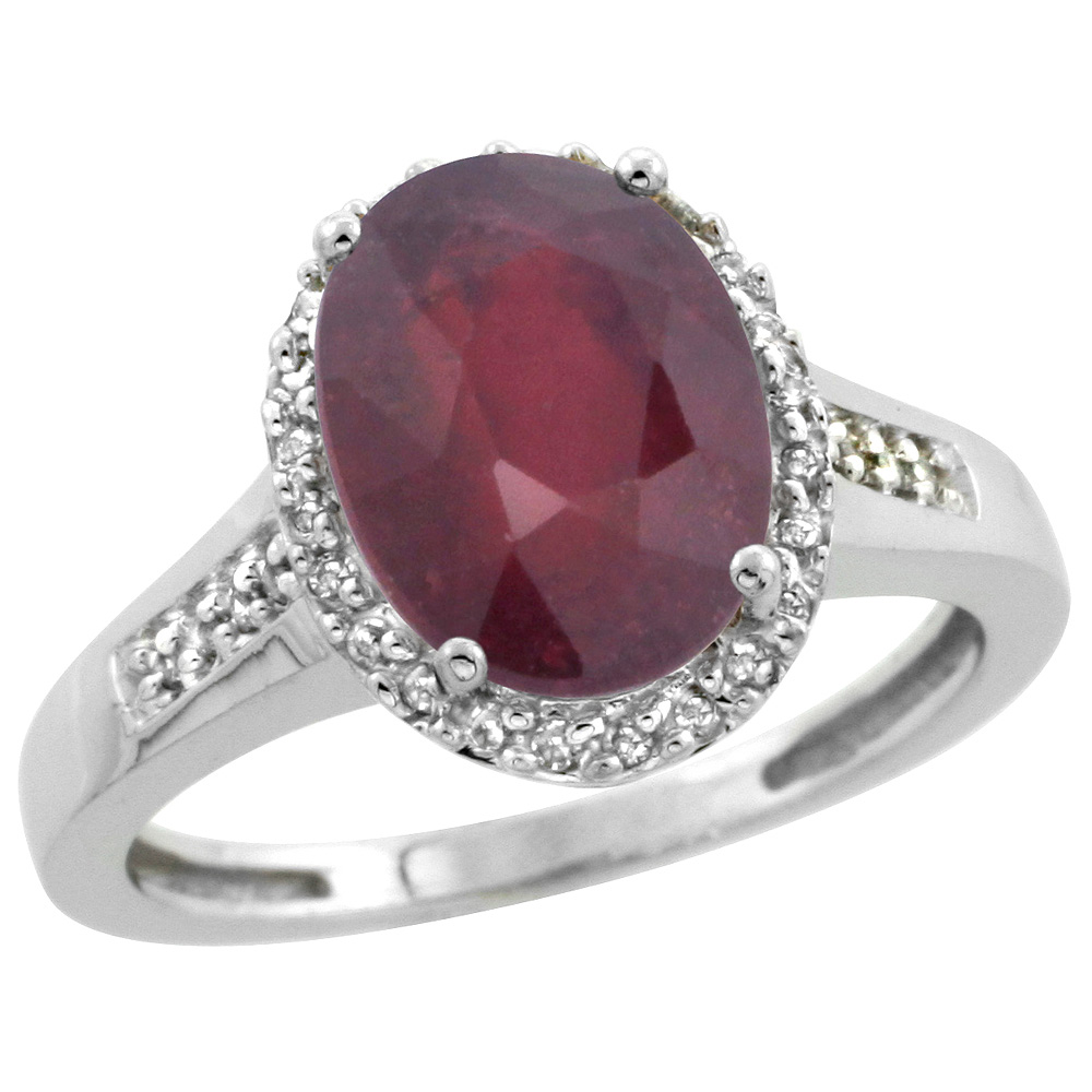 Sterling Silver Diamond Natural Enhanced Ruby Ring Oval 10x8mm, 1/2 inch wide, sizes 5-10