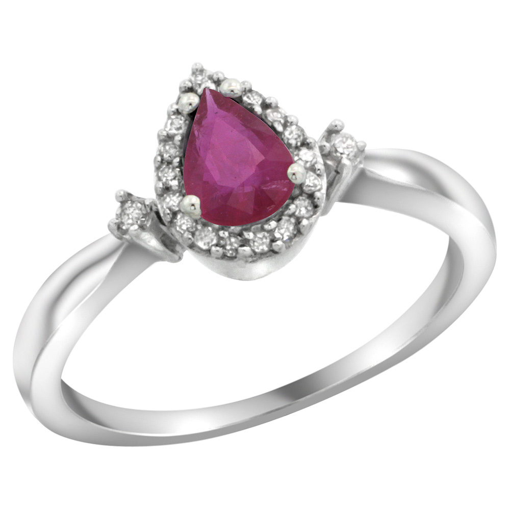Sterling Silver Diamond Natural Enhanced Ruby Ring Pear 6x4mm, 3/8 inch wide, sizes 5-10