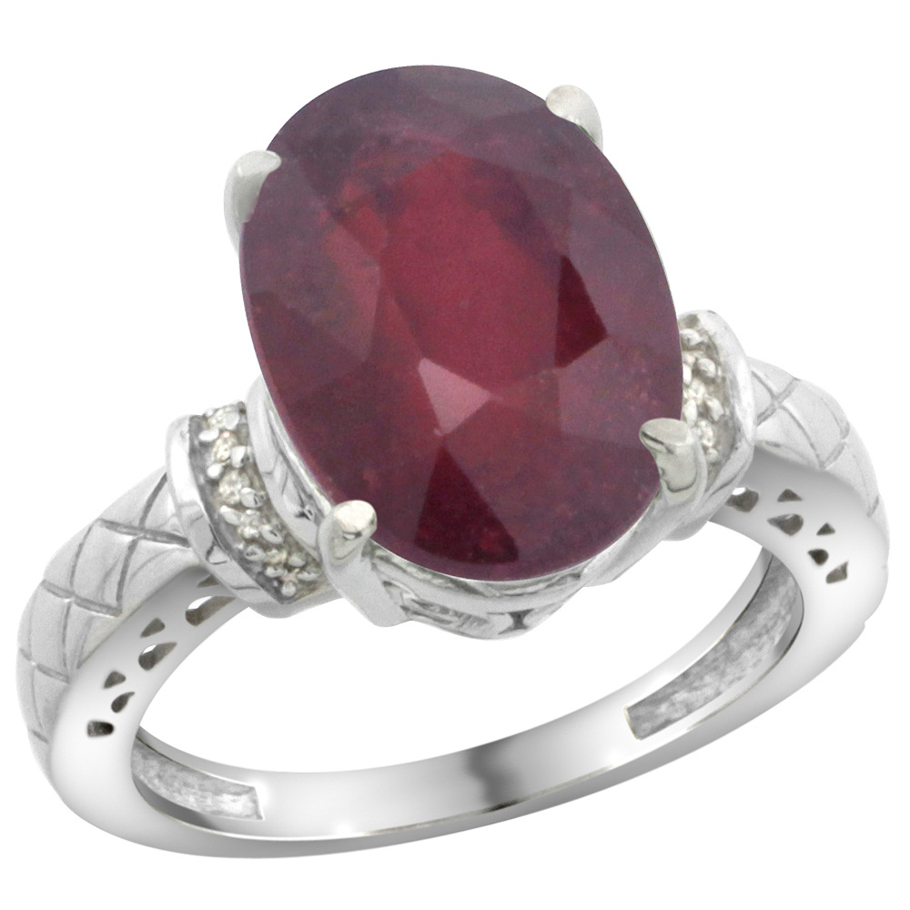 Sterling Silver Diamond Natural Enhanced Ruby Ring Oval 14x10mm, sizes 5-10