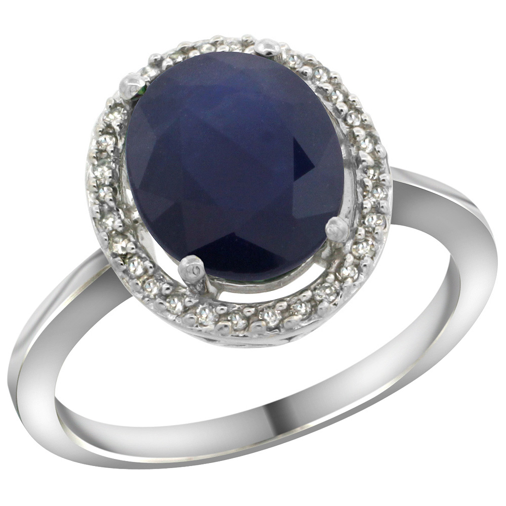 Sterling Silver Diamond Halo Natural Blue Sapphire Ring Oval 10X8 mm, 1/2 inch wide, sizes 5-10
