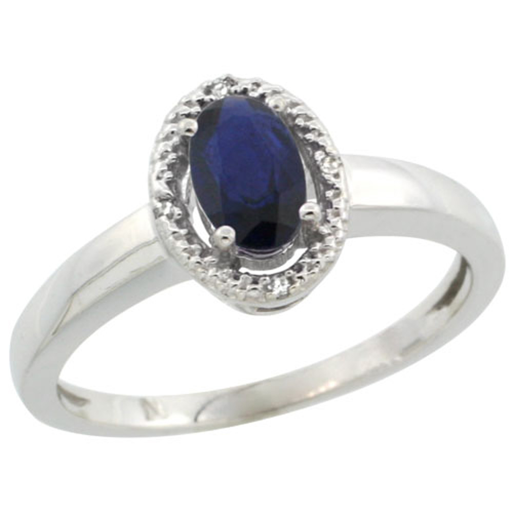 Sterling Silver Diamond Halo Natural High Quality Blue Sapphire Ring Oval 6X4 mm, 3/8 inch wide, sizes 5-10