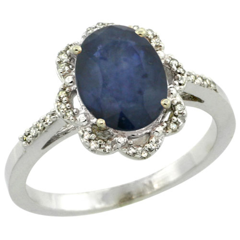 Sterling Silver Diamond Natural Diffused Ceylon Sapphire Ring Oval 9x7 mm, sizes 5-10