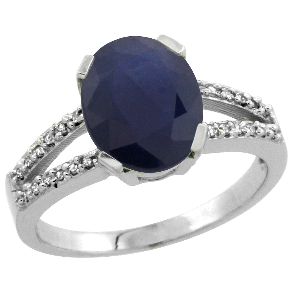 Sterling Silver Diamond Halo Natural Blue Sapphire Ring Oval 10x8mm, 3/8 inch wide, sizes 5-10