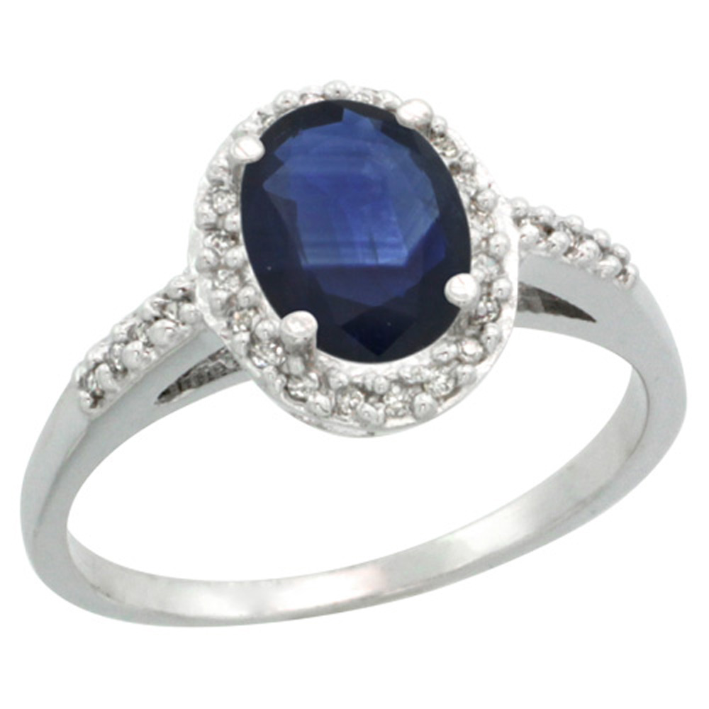 Sterling Silver Diamond Blue Sapphire Ring Oval 8x6mm, 3/8 inch wide, sizes 5-10