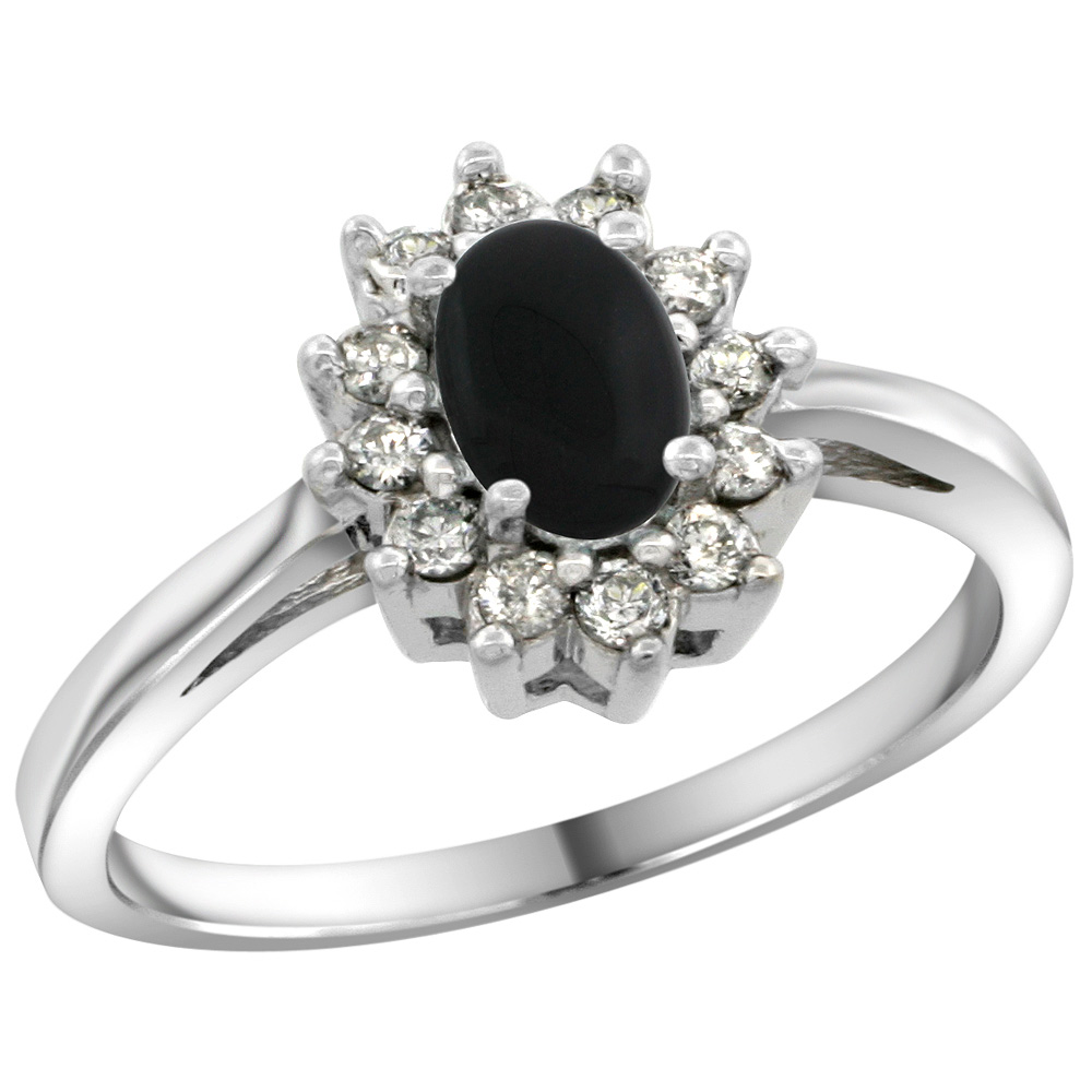 Sterling Silver Natural Black Onyx Diamond Flower Halo Ring Oval 6X4mm, 3/8 inch wide, sizes 5 10