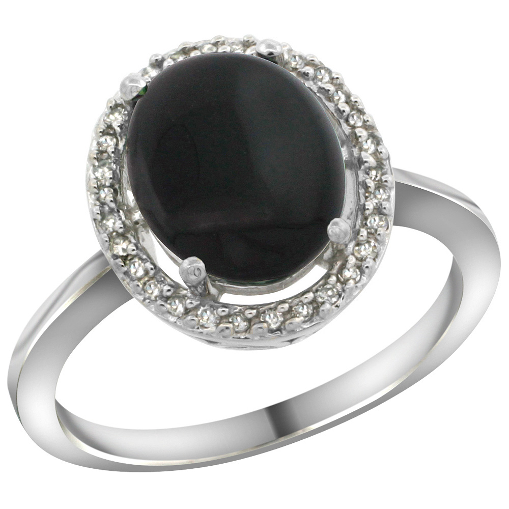 Sterling Silver Diamond Halo Natural Black Onyx Ring Oval 10X8 mm, 1/2 inch wide, sizes 5-10