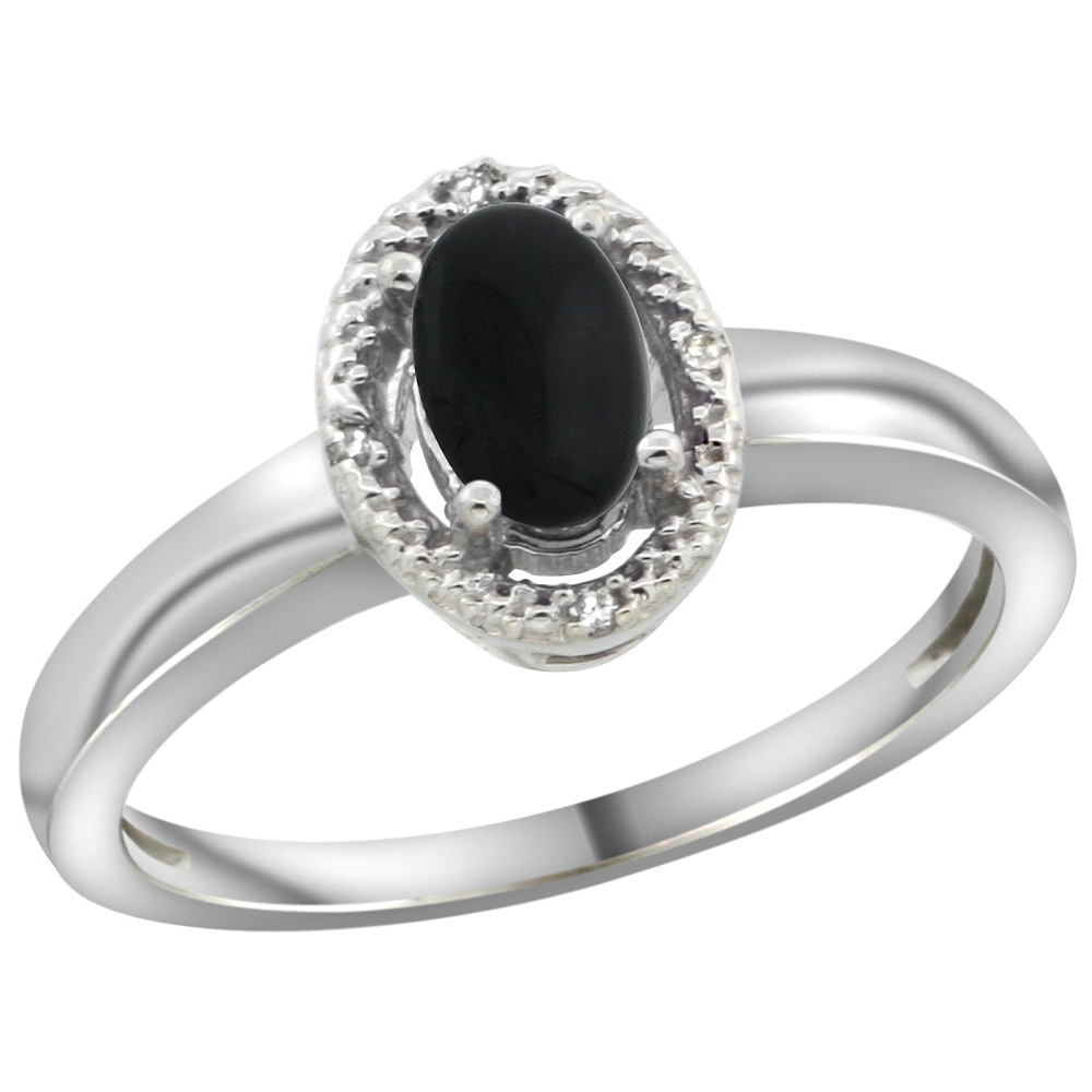 Sterling Silver Diamond Halo Natural Black Onyx Ring Oval 6X4 mm, 3/8 inch wide, sizes 5-10