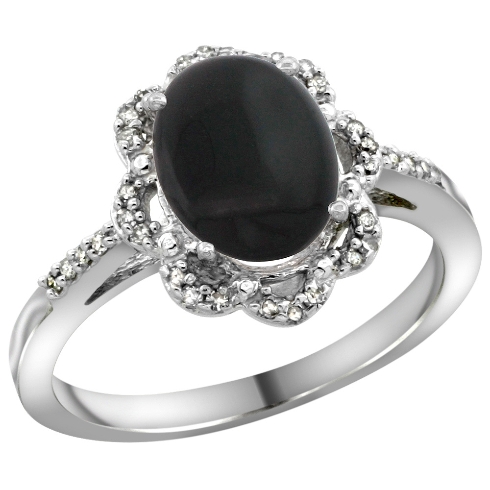 Sterling Silver Diamond Halo Natural Black Onyx Ring Oval 9x7mm, 7/16 inch wide, sizes 5-10