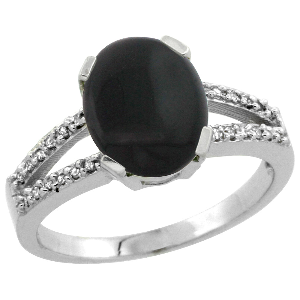 Sterling Silver Diamond Halo Natural Black Onyx Ring Oval 10x8mm, 3/8 inch wide, sizes 5-10