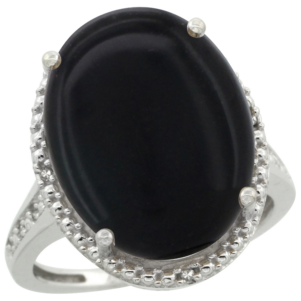 Sterling Silver Diamond Natural Black Onyx Ring Oval 18x13mm, 3/4 inch wide, sizes 5-10