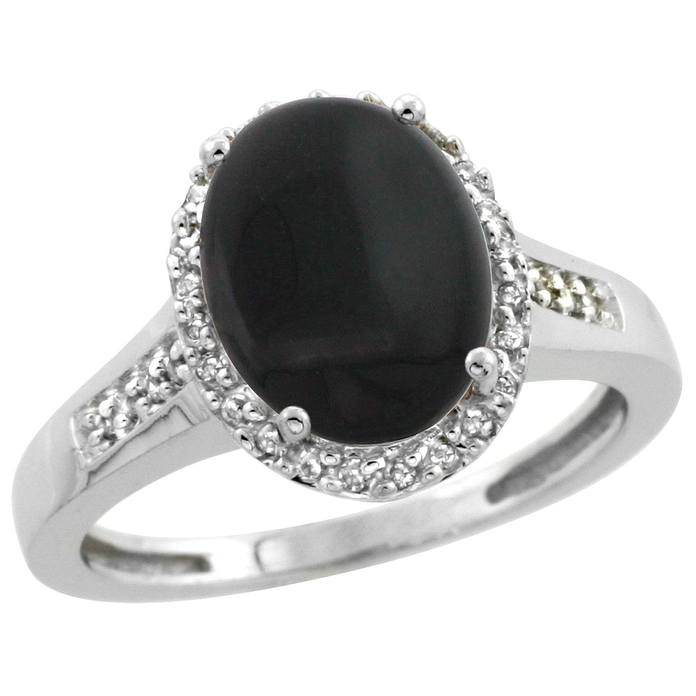 Sterling Silver Diamond Natural Black Onyx Ring Oval 10x8mm, 1/2 inch wide, sizes 5-10
