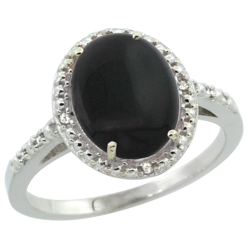 Sterling Silver Diamond Natural Black Onyx Ring Oval 10x8mm, 1/2 inch wide, sizes 5-10