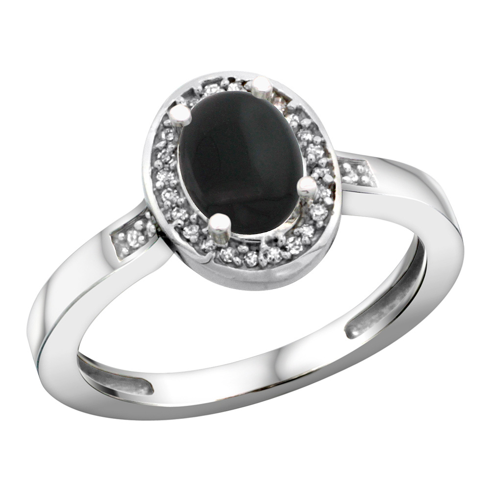 Sterling Silver Diamond Natural Black Onyx Ring Oval 7x5mm, 1/2 inch wide, sizes 5-10