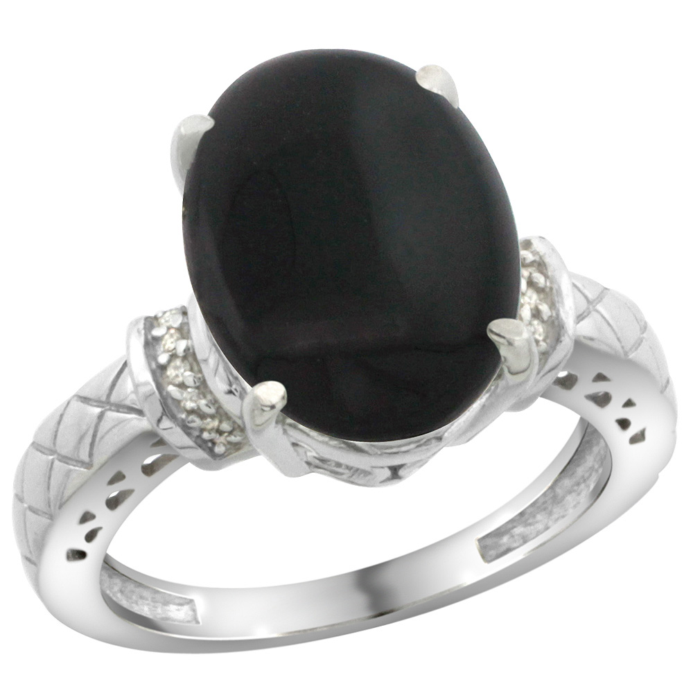 Sterling Silver Diamond Natural Black Onyx Ring Oval 14x10mm, sizes 5-10