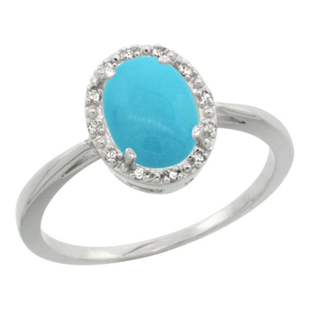 Sterling Silver Diamond Sleeping Beauty Turquoise Halo Ring Oval 8X6mm, 1/2 inch wide, sizes 5-10