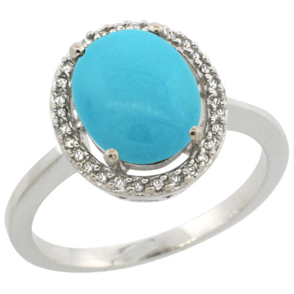 Sterling Silver Diamond Sleeping Beauty Turquoise Halo Ring Oval 10X8 mm, 1/2 inch wide, sizes 5 10