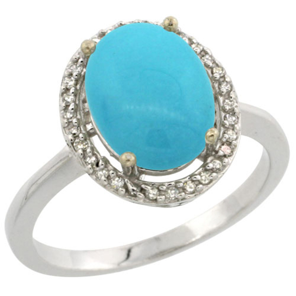 Sterling Silver Diamond Natural Sleeping Beauty Turquoise Ring Oval 10x8mm, 1/2 inch wide, sizes 5-10