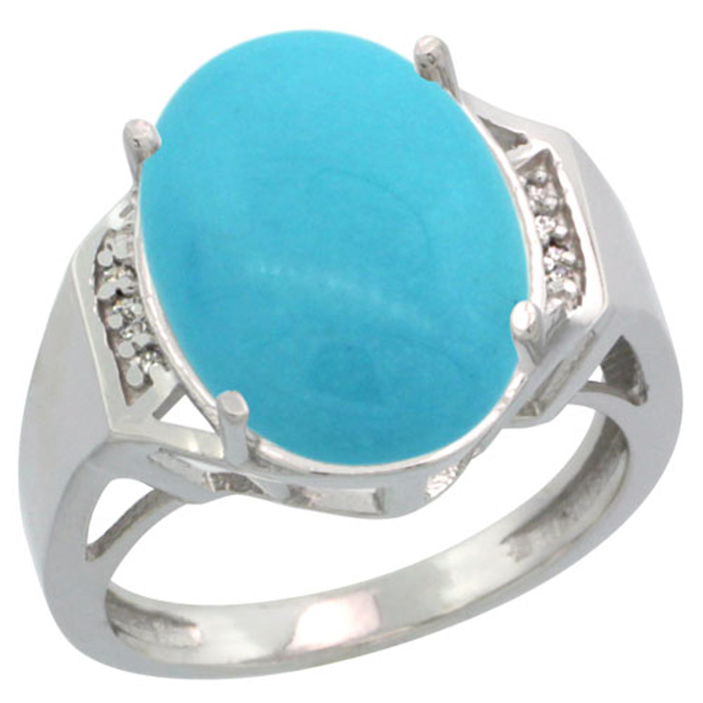 Sterling Silver Diamond Sleeping Beauty Turquoise Ring Oval 16x12mm, 5/8 inch wide, sizes 5-10