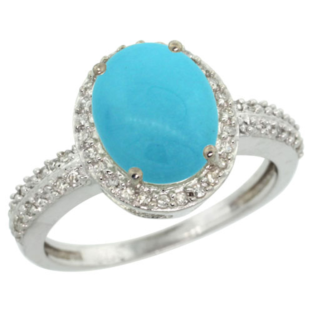 Sterling Silver Diamond Sleeping Beauty Turquoise Ring Oval 10x8mm, 1/2 inch wide, sizes 5-10
