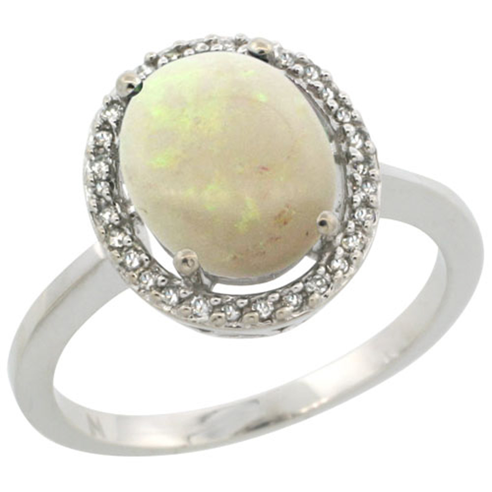 Sterling Silver Diamond Halo Natural Opal Ring Oval 10X8 mm, 1/2 inch wide, sizes 5 10