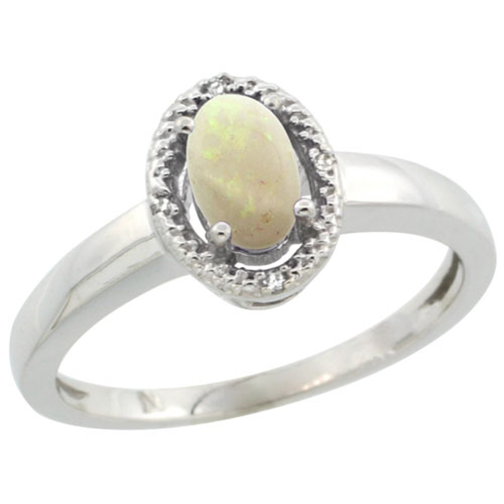 Sterling Silver Diamond Halo Natural Opal Ring Oval 6X4 mm, 3/8 inch wide, sizes 5-10