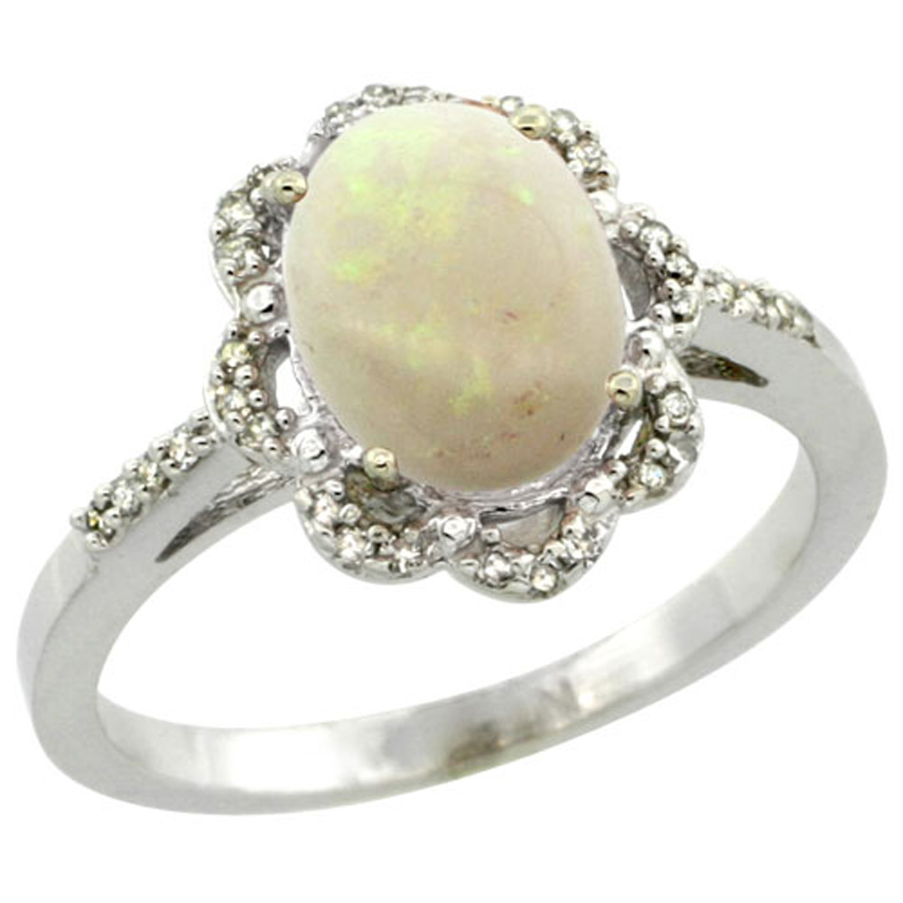 Sterling Silver Diamond Halo Natural Opal Ring Oval 9x7mm, 7/16 inch wide, sizes 5-10