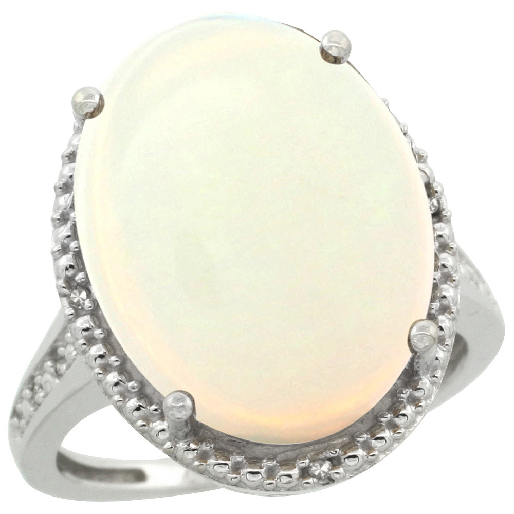 Sterling Silver Diamond Natural Opal Ring Oval 18x13mm, 3/4 inch wide, sizes 5-10