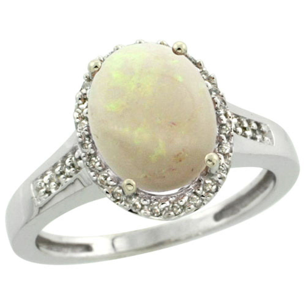 Sterling Silver Diamond Natural Opal Ring Oval 10x8mm, 1/2 inch wide, sizes 5-10