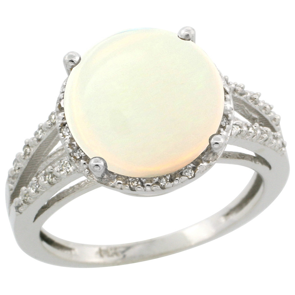 Sterling Silver Diamond Natural Opal Ring Round 11mm, 1/2 inch wide, sizes 5-10