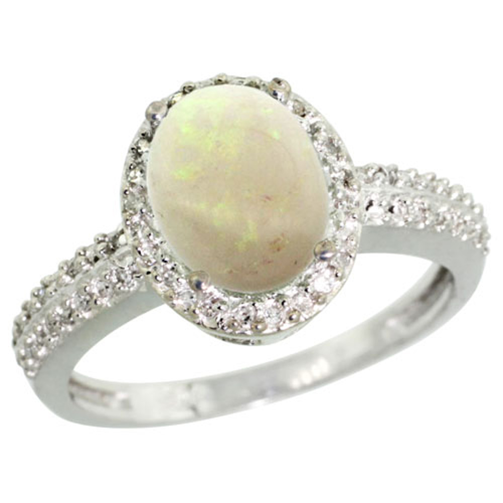Sterling Silver Diamond Natural Opal Ring Oval 9x7mm, 1/2 inch wide, sizes 5-10