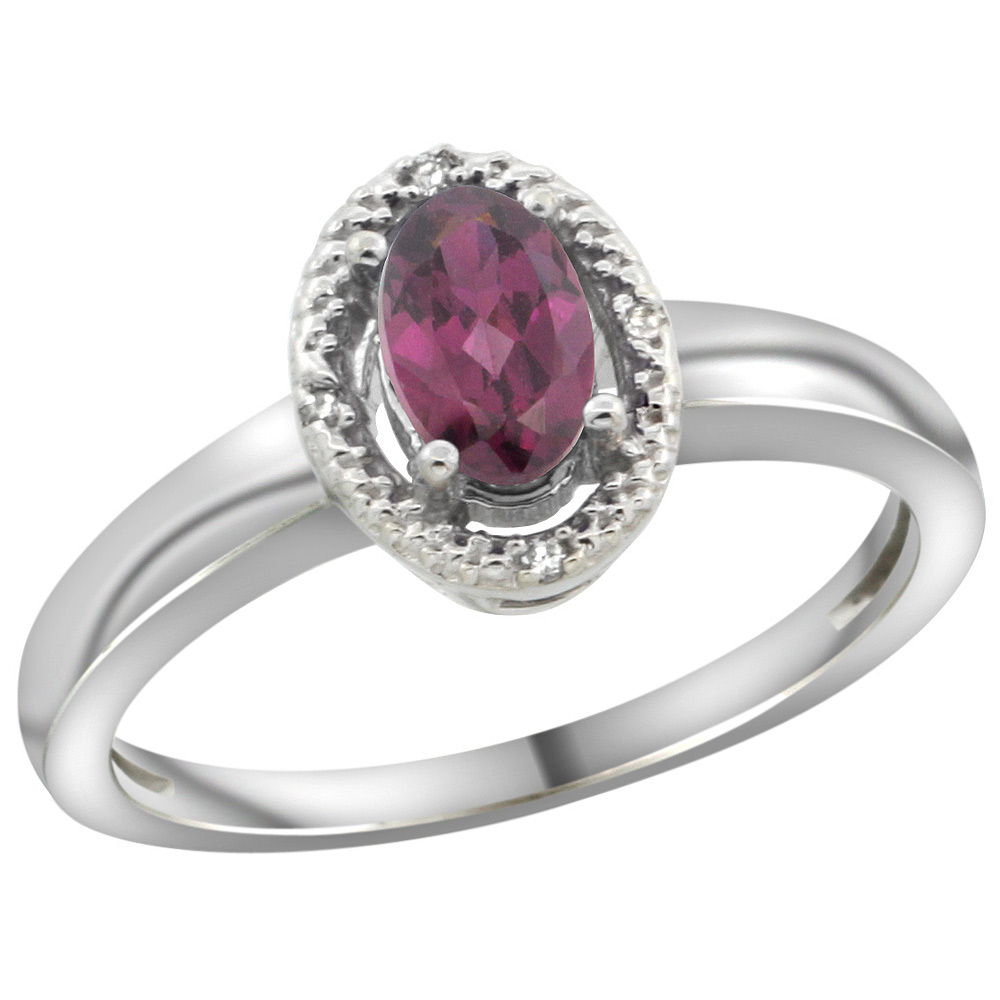 Sterling Silver Diamond Halo Natural Rhodolite Ring Oval 6X4 mm, 3/8 inch wide, sizes 5-10