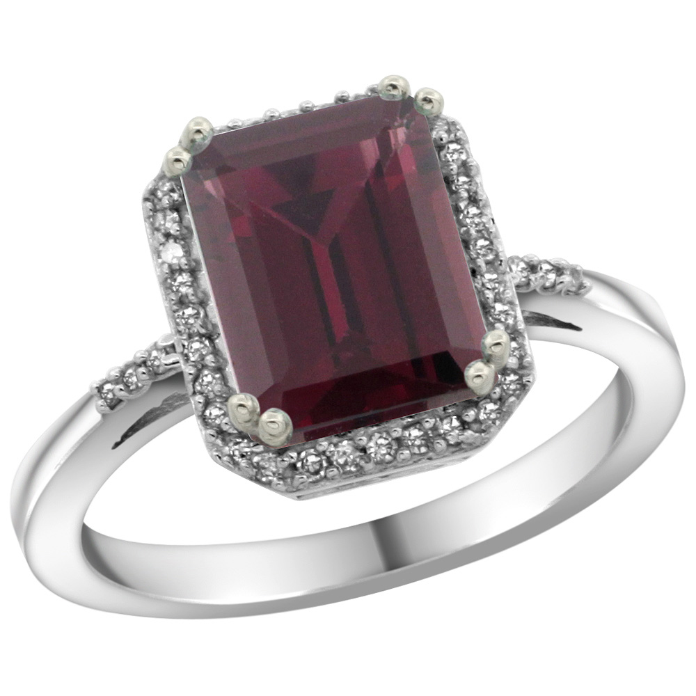Sterling Silver Diamond Natural Rhodolite Ring Emerald-cut 9x7mm, 1/2 inch wide, sizes 5-10