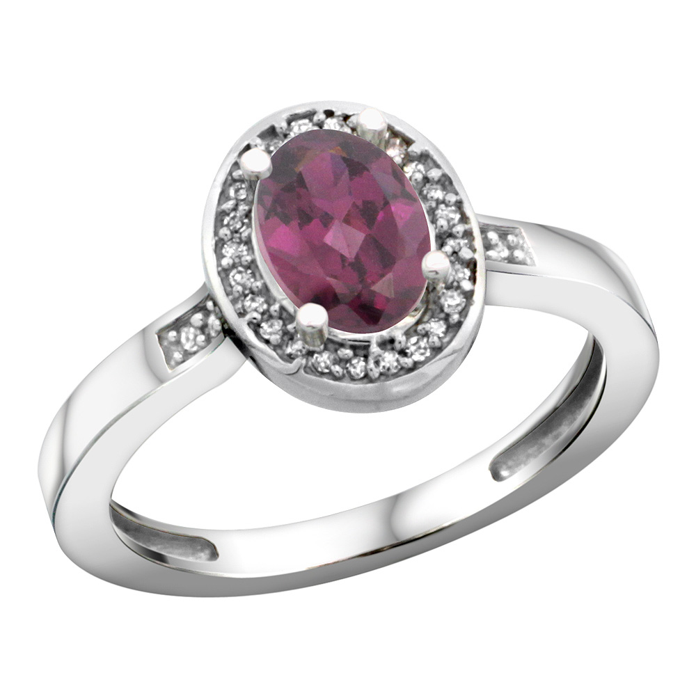 Sterling Silver Diamond Natural Rhodolite Ring Oval 7x5mm, 1/2 inch wide, sizes 5-10