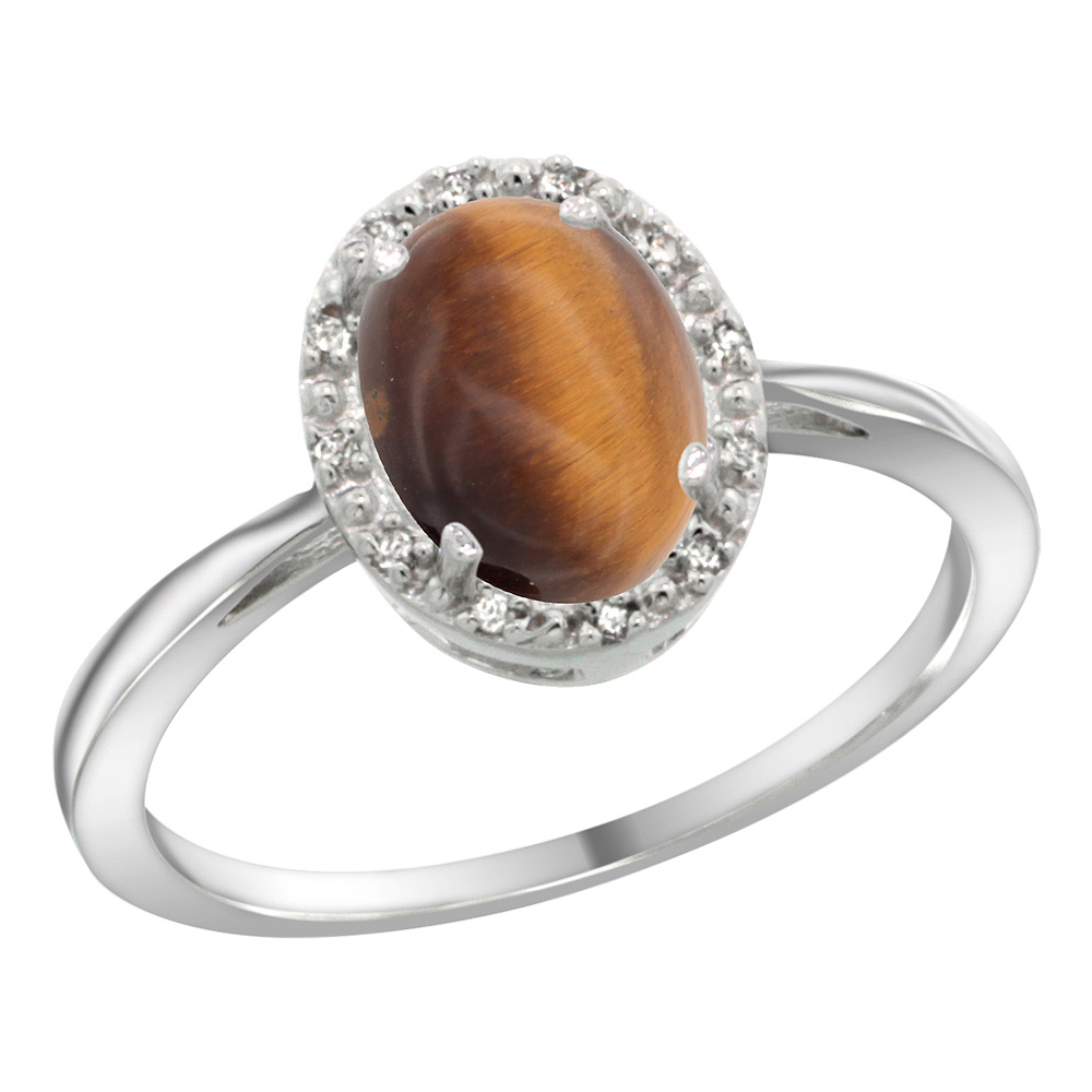 Sterling Silver Natural Tiger Eye Diamond Halo Ring Oval 8X6mm, 1/2 inch wide, sizes 5-10