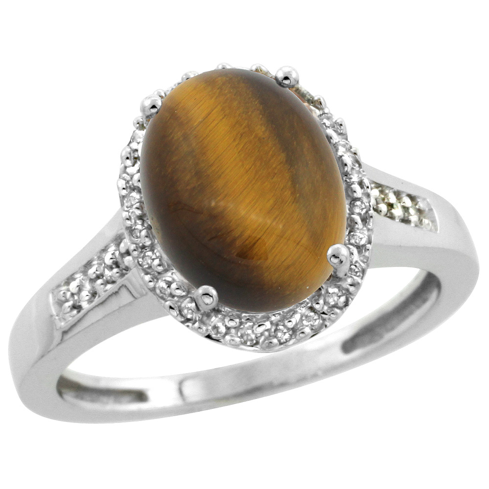 Sterling Silver Diamond Natural Tiger Eye Ring Oval 10x8mm, 1/2 inch wide, sizes 5-10